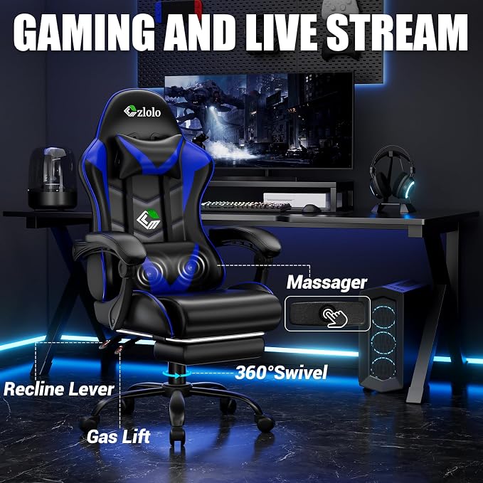 Czlolo Gaming Chair with Footrest Racing Style Lumbar Support Massager Video Game Chair with Metal Legs, High Back Reclining Gamer Chair with Headrest, 360° Swivel Office Computer Desk Chair (Blue) - Image 4