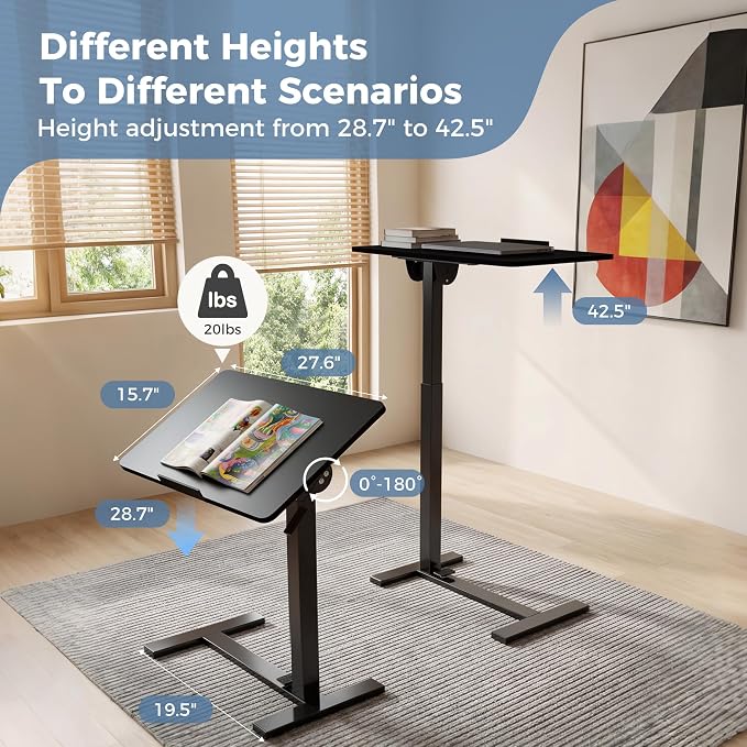 Adjustable Overbed Bedside Table with Hidden Wheels, Mobile Standing Desk with Pneumatic Lift, Portable Computer Workstation Cart for Bed, Couch, Office, Sofa, Black - Image 2