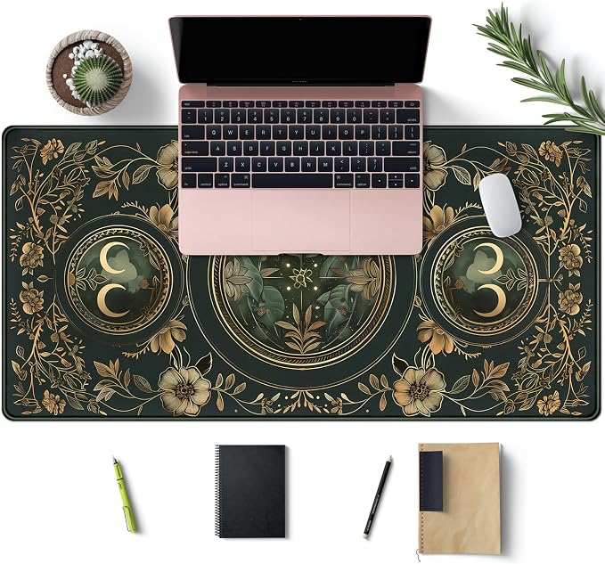 Celestial Art Nouveau Botanical Desk Mat Gold Moon Large Mouse Pad Emerald Vintage Big Gaming Mousepad 31.5''X15.7'' Plant Aesthetic Desk Pad XXL Extended Keyboard Mouse Mat Office Decor - Image 3