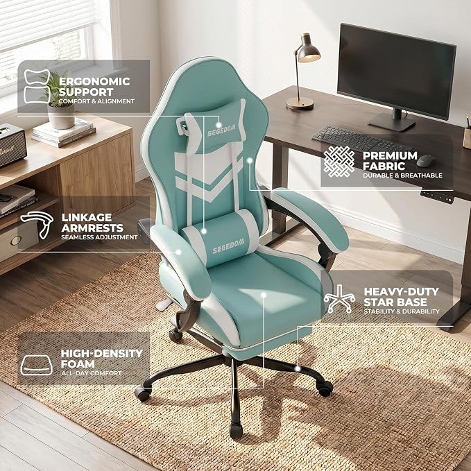 Gaming Chair with Footrest & Massage Lumbar Support, PU Leather Ergonomic High Back Swivel Height Adjustable Chair for Adults, Office Gaming, 300 lbs (Green White) - Image 6