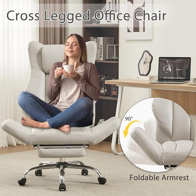 JOMEED Cross Legged Office Chair with Footrest,Flip Armrest,Beige | Big and Tall Executive,Ergonomic Design with Lumbar Pillow, 155° Reclining, PU Leather Wide Desk Chair for Home and Office - Image 3
