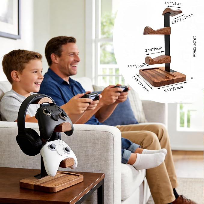 Solid Wood Headphone Stand with Controller Holder, Space-Saving Dual Hanger & Gamepad Organizer for Desktop, Gaming Desk Accessories with Stable Base Storage - Image 7