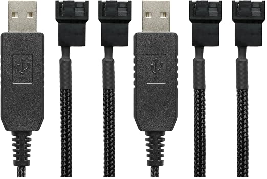CRJ 12V Step-Up USB to Dual PC Fans Power Adapter Cable - 24-inch (60cm), Black Sleeved - Full Fan Speed Adapter for 3-Pin/4-Pin Cooling Fans (Pack of 2) by CRJElectronics