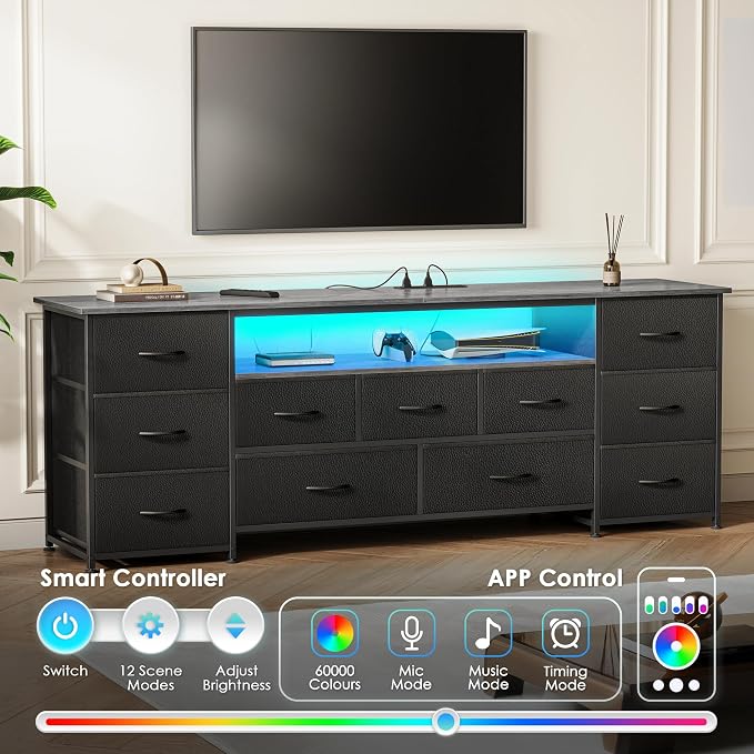 Huuger 63 Inch TV Stand for 65, 70 Inch TV, 11 Drawer Long Dresser with Power Outlets and LED Lights, Entertainment Center with Storage, Grey Dresser with PU Leather Surface - Image 4