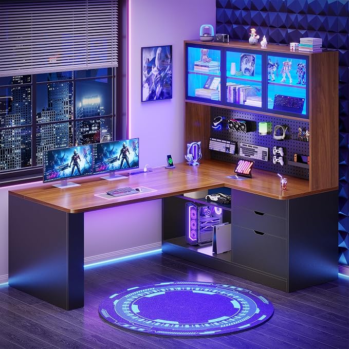 SEDETA L Shaped Computer Office Desk with 3 Wood Drawer and Large Bookshelf | L Shaped Corner Gaming Desk with LED Light, Display Cabinet and Pegboard, 27.5" W Large Desktop Table, Brown - Image 9