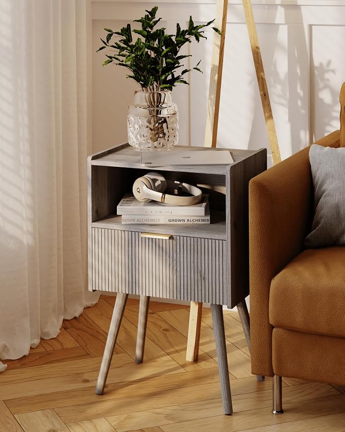 JOONEE Nightstand,Modern Bedside Table with Storage Drawer and Open Wood Shelf, for Living Room, Bedroom and Small Spaces, Accent Night Stand with Solid Wood Legs, Easy Assembly,Grey Oak - Image 5