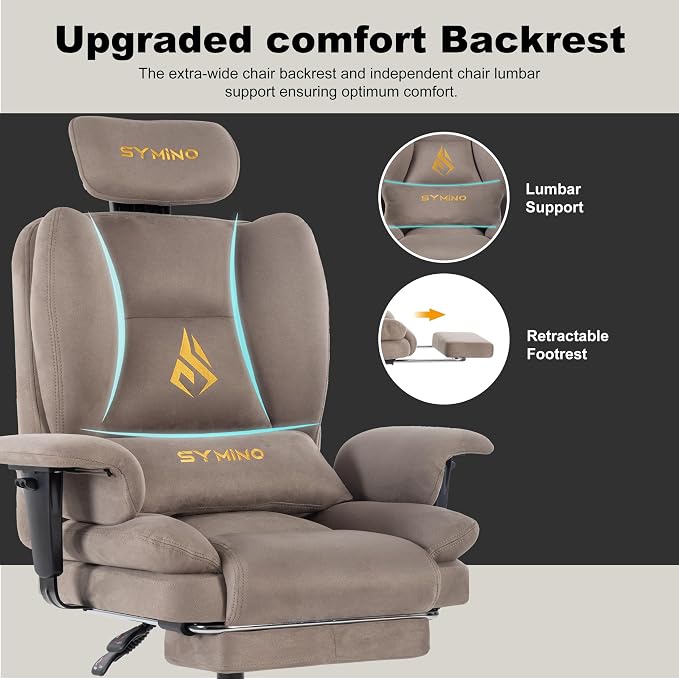 Symino Gaming Chair with Foot Rest, Unique Up/Down Armrests, Twill Fabric Ergonomic High Back Chair, 150° Recline Solid Color Computer Desk Chair, Light Coffee - Image 5