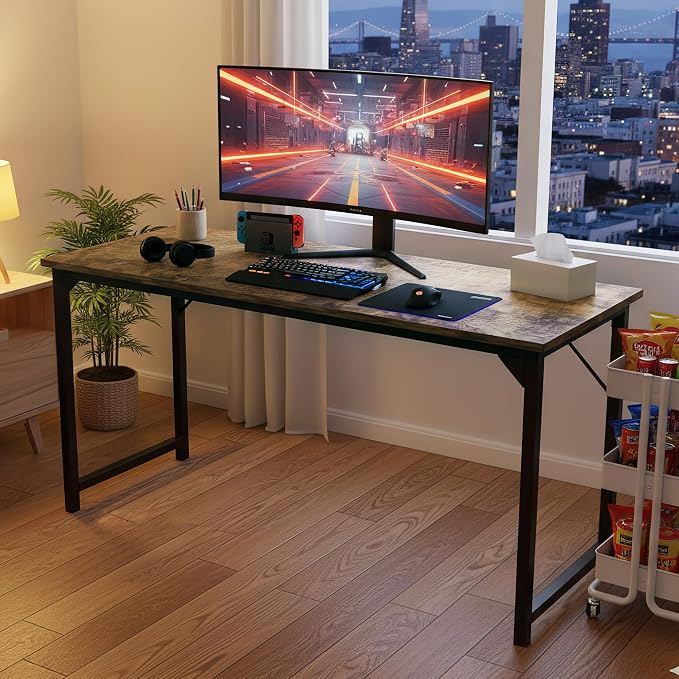 OLIXIS 63 Inch Computer Office Desk for Small Spaces, Writing Gaming Work Desk Modern Study Table with Storage Bag & Headphone Hook Home Bedroom, Rustic Brown - Image 2