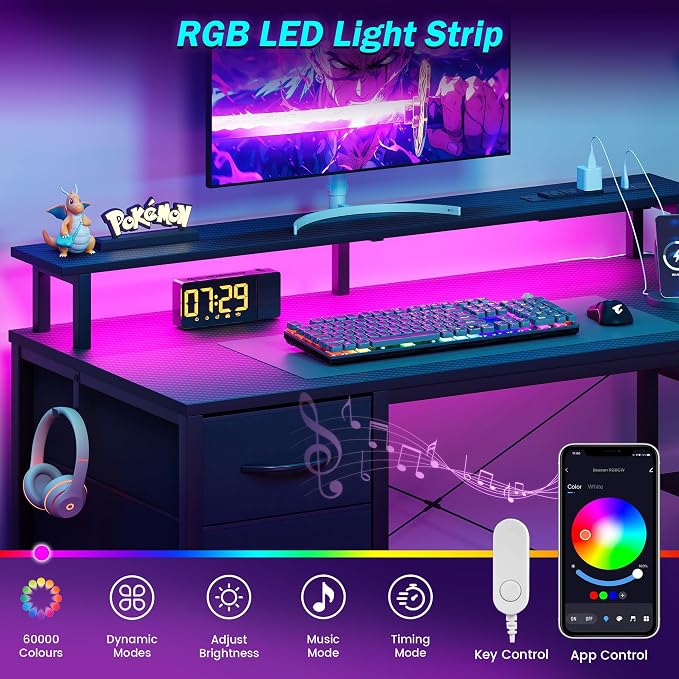 59 Inch Gaming Desk with Drawers & PC Tower Stand & LED Lights, Black - Image 4