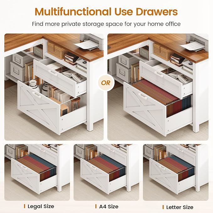SEDETA Farmhouse L Shaped Desk, 55" Home Office Desk with Drawers and Storage Shelves, L Shaped Gaming Desk with LED Lights, Power Outlet and Monitor Shelf, Brown - Image 4