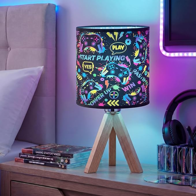 Glooglitter Video Game Table Lamp with Wood Triangular Stand 3 Colors Dimmable Lights 9.72 x 5.12 Inch Video Game Bedroom Room Decor Bedside Lamps Night Light for Desk Birthday Gifts by Glooglitter