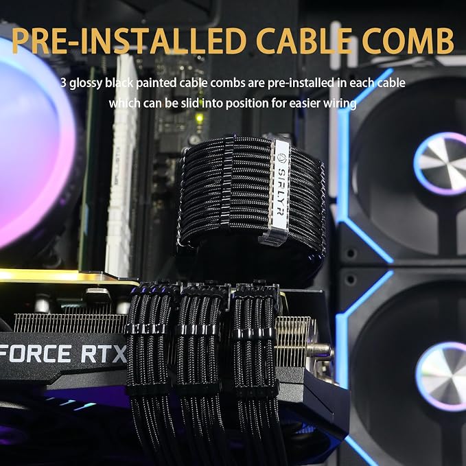 Sirlyr PSU Cable Extension Kit – 16AWG Power Supply Cables (1x 24Pin ATX / 2X 8Pin EPS / 3X 8Pin PCIE), 13in Gold-Plated GPU Extensions, Pre-Bent Design & Dual Cable Combs (Black Nylon Braided) - Image 5