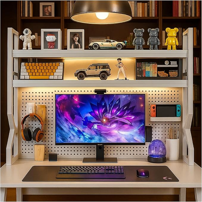Desktop Bookshelf, Multi-Size pegboard Storage Organizer Rack, Dorm Desk Shelf, Desk Hutch, Desk top Storage Rack, Student Desktop Storage,Desk Shelves for top of des(White, 29.5" Lx9.9 Wx39 H) by Unknown