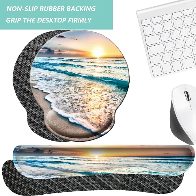 Keyboard Wrist Rest Pad Mouse Pad with Wrist Support Set of 3, Mousepad with Non-Slip Rubber Base, Ergonomic Memory Foam Mouse Wrist Cushion Support for Home Office Laptop Computer Gaming, Beach - Image 4