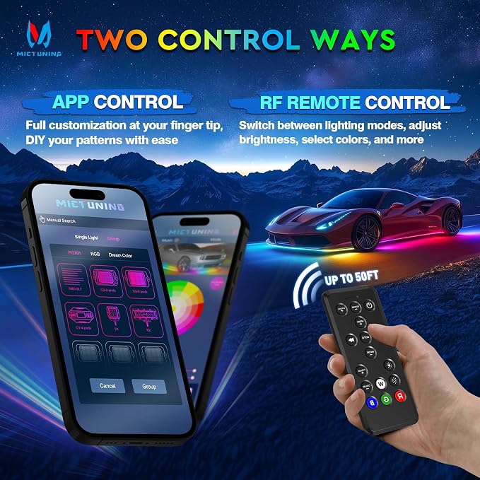 MICTUNING 8Pcs N8+ Chasing Color RGB+IC Underglow Neon Accent Strip Lights, 12V Multi DreamColor Music Soundsync Exterior Underbody Lights for Car, Wireless App & Remote Control, 2 Years Warranty - Image 6