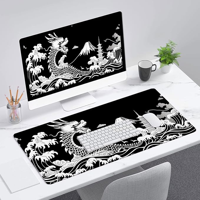 Dragon Desk Mat Gaming Mouse Pad Black White Japanese Sea Wave Extended Gaming Mouse Pad Mat with Stitched Edge Non-Slip Base Big Mouse Pad Office Computer Keyboard Laptop Home 31.5"x11.8" - Image 3