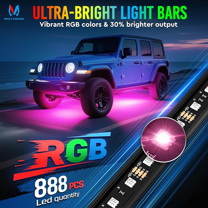 MICTUNING U8 RGB Underglow LED Light Bar, Dual Remote Control, Multicolor Underbody Light Strip with Aluminum Housing, Car SUV Exterior Neon Accent IP68 Waterproof, 8pcs - Image 2