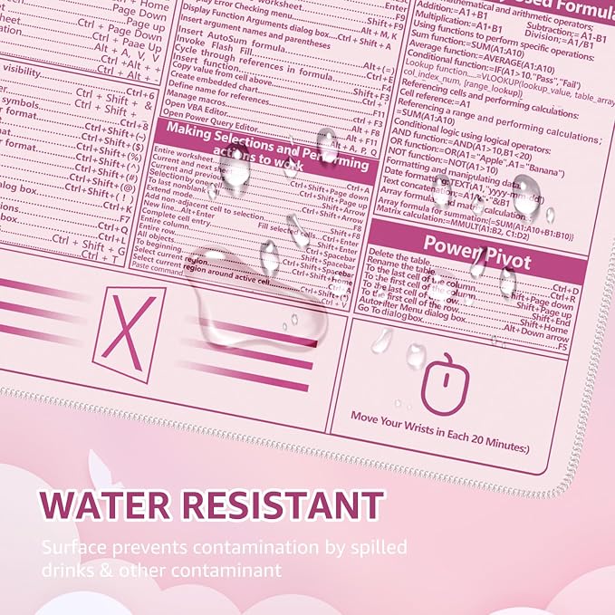 iCasso Excel Cheat Sheet Desk Pad, Pink Excel Shortcuts | Excel Mouse Pad Shortcuts, Excel Shortcuts Cheat Sheet Keyboard Mat, Extended Large XXL Non-Slip mousepad with Stitched Edges - Image 7