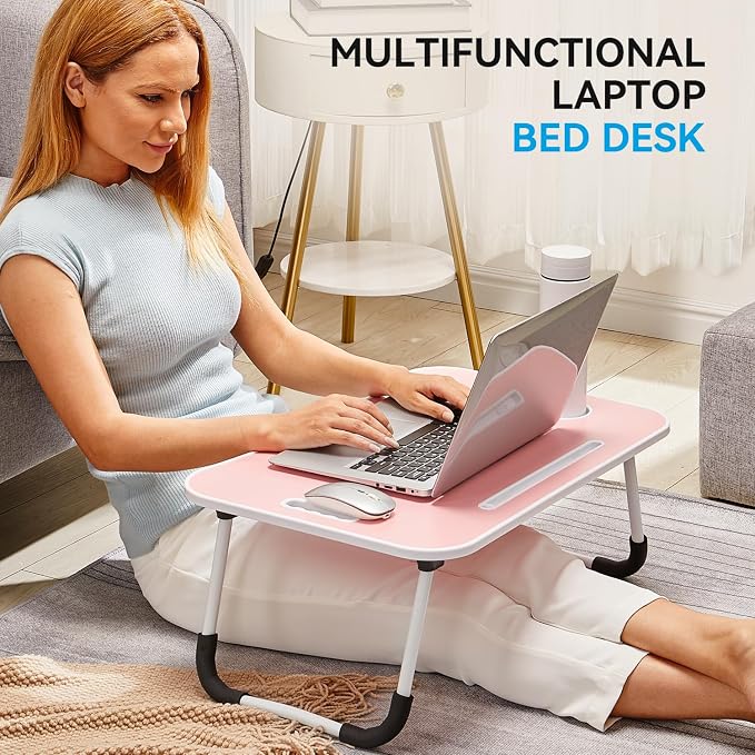 BUYIFY Folding Lap Desk, 23 Inch Portable Wood Blue Laptop Bed Desk Lap Desk with Cup Holder, for Working Reading Writing, Eating, Watching Movies for Bed Sofa Couch Floor-Pink 02 - Image 3