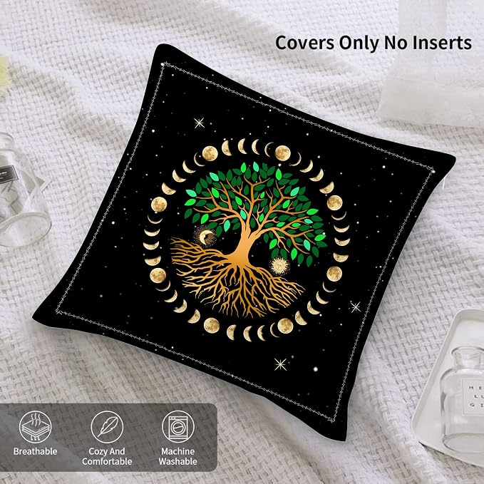 Ancient Tree Life Decorative Throw Pillow Covers Aesthetic Set of 2, Moon Luna Hippie Decor Ourdoor Pillow Cases for Couch Sofa Living Room Bed Chair Decor 18"x18" - Image 7