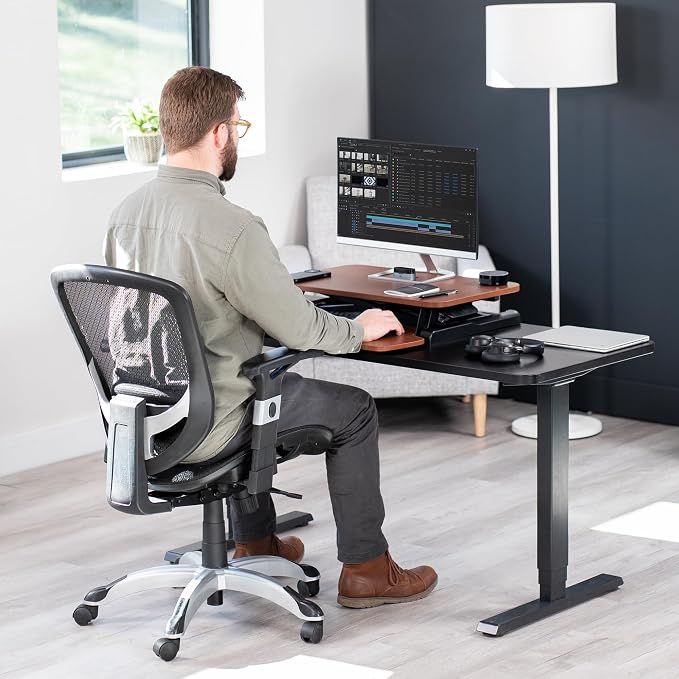 VIVO Dark Walnut 26 in Standing Desk Converter, DESK-V026KA | Height Adjustable, Stand Up Desk Riser, Wide Keyboard Tray, Dual Monitor and Laptop Workstation, Black Frame, K Series - Image 8