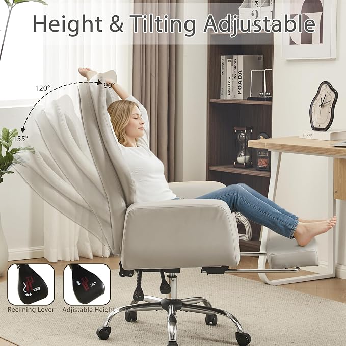 JOMEED Cross Legged Office Chair with Footrest,Flip Armrest,Beige | Big and Tall Executive,Ergonomic Design with Lumbar Pillow, 155° Reclining, PU Leather Wide Desk Chair for Home and Office - Image 4