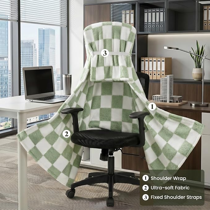 The Chair Blanket for Office,3-in-1(Chair Blanket/Seat Cushion/Pillow) Stay-in-Place Office Blankets for Women Work,Warm Smooth Velvet & Shed-Free,Size M-Green - Image 4