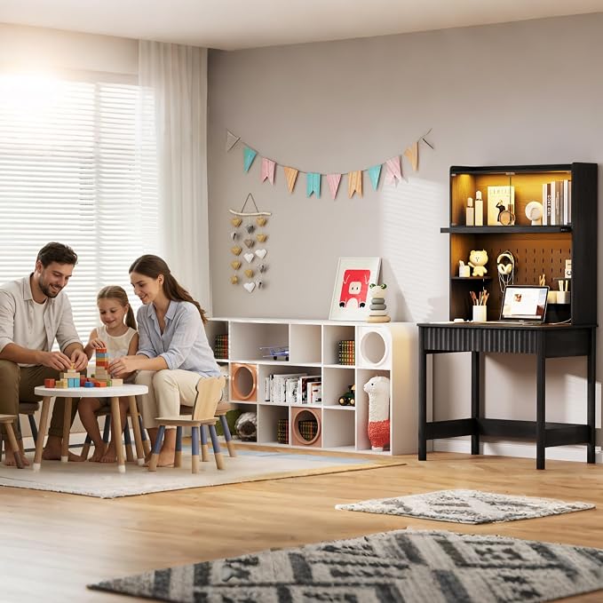 Lvifur 31.5" LED Study Desk with Hutch,Outlets,Reading Lights | Computer Desk with Charging Station,2 Drawer,Compact Writing Desks,Home Office Desks for Bedroom,Black - Image 9