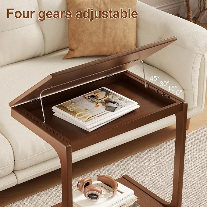 AQIMUELE Wooden C-Shaped End Table,Couch Table with Adjustable Desktop,Small Rolling Side Table with 2 Lockable Wheels 23.6" Width,Small End Table for Couch, Living Room,Bedroom (Walnut) - Image 2