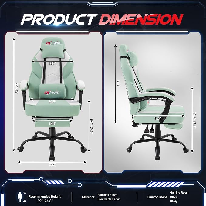 Gaming Chair for Adults with Footrest & Massage Lumbar Support, Ergonomic High Back Gamer Chair, Adjustable Swivel Computer Gaming Chairs with Headrest and Linkage Armrests,Green - Image 3