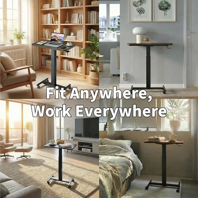 HUANUO Small Rolling Laptop Standing Desk, Height Adjustable Mobile T-Base Desk with Lockable Casters, Portable Sit-Stand Workstation for Bedside & Sofa, Walnut (Pack of 2) - Image 7
