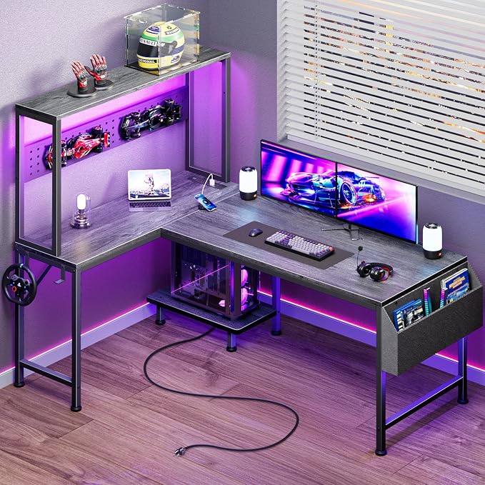 PRAISUN L Shaped Gaming Desk with LED Lights & Power Outlets | Reversible Computer Desk with Storage Shelves & Bag, Large Corner Home Office Desk with Pegboard for Work from Home, Grey by PRAISUN