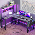 PRAISUN L Shaped Gaming Desk with LED Lights & Power Outlets | Reversible Computer Desk with Storage Shelves & Bag, Large Corner Home Office Desk with Pegboard for Work from Home, Grey by PRAISUN