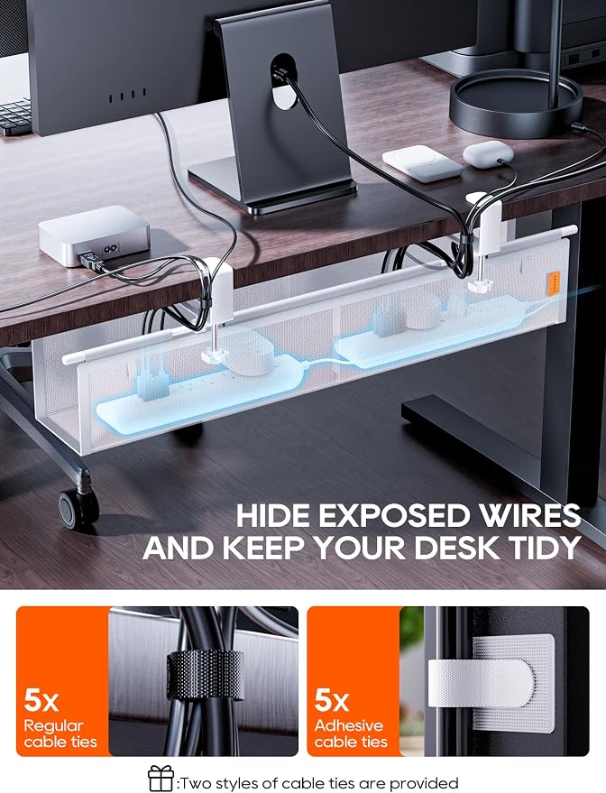 27" No Drill Under Desk Cable Management Tray (White) - Image 5