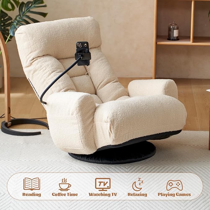 Teddy 360° Swivel Floor Gaming Sofa Chair - Beige | Adjustable Head & Waist Support, Padded Cushion, Folding Gaming Lounge Chair with Armrests & Phone Holder | Home Office - Image 8