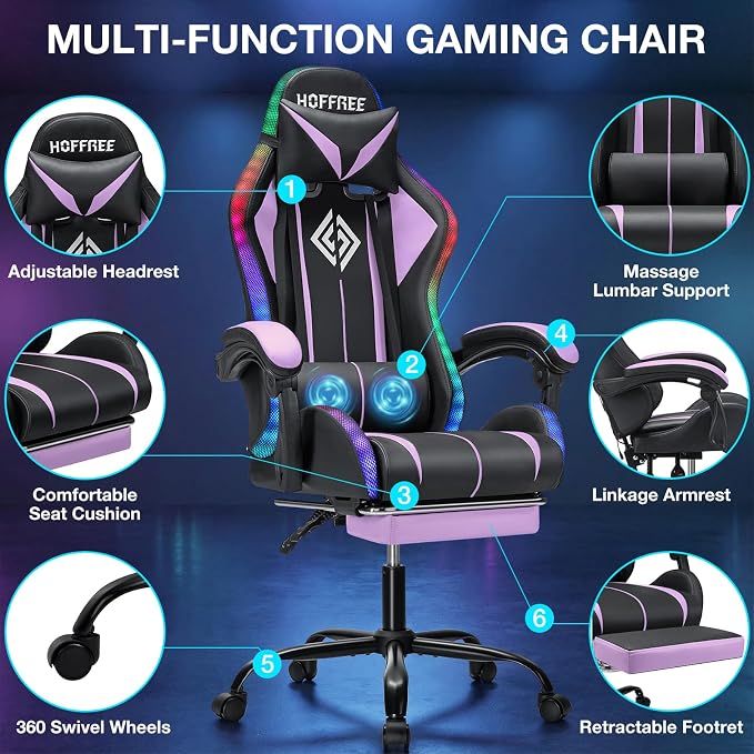 RGB Gaming Chair with LED Lights Massage Ergonomic Computer Chairs-Purple | High Back Video Game Chair with Footrest & Adjustable Lumbar Support Gamer Chairs for Adults Racing Style Recline - Image 9
