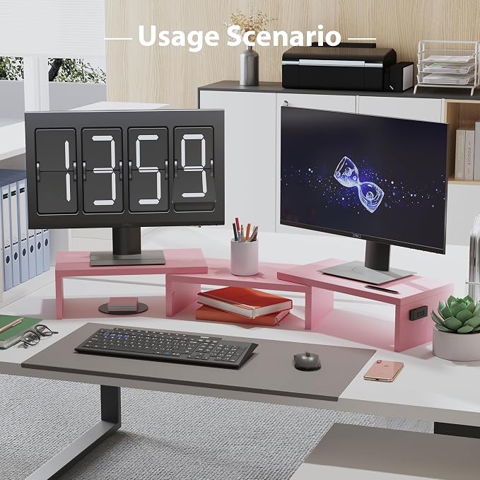 BONTEC Dual Monitor Stand Riser, Adjustable Length & Swivel Angle, Pink | Ergonomic Wooden Desktop Organizer with Smartphone Holder, Computer Monitor Stand for PC, Laptop,Printer and Large Storage - Image 8