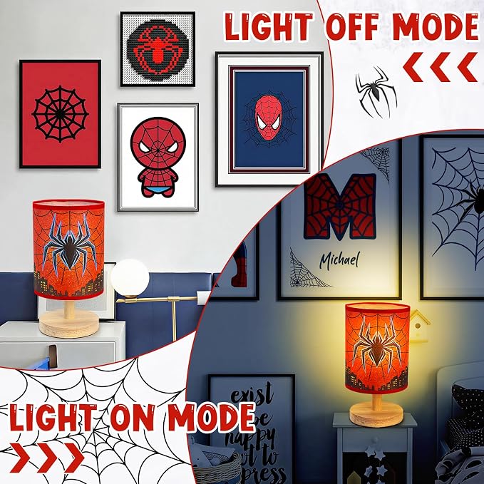 Spider Table Lamp for Boys - Spider Night Light & Bedroom Bedside Lamp with Linen Lampshade and Wooden Stand, Cartoon Nursery Lamp for Desk, Home Decor - Image 5