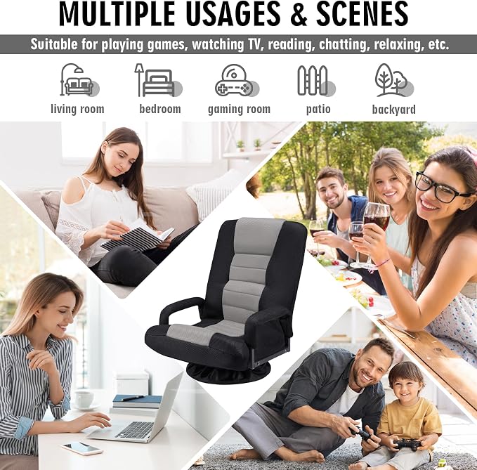 Swivel Floor Gaming Chair w/Armrests,Folding Video Reclining Sofa w/6 Adjustable Position, Padded Backrest & Cushion, Lazy Lounger Couch for E-Sports, Reading, Relaxing, Watching TV, Grey - Image 9
