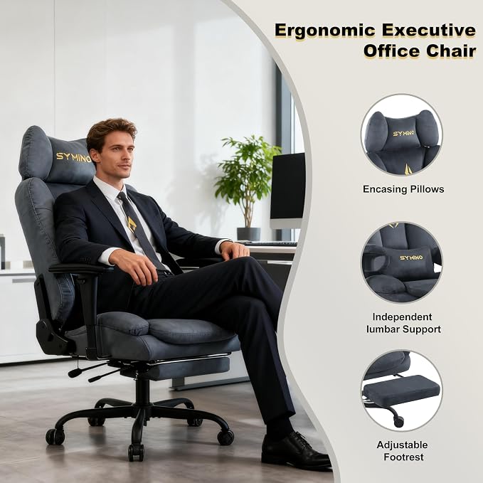 Symino Gaming Chair with Footrest, Up/Down Armrests, Suede Fabric Ergonomic Office Chair, 150° Recline Computer Chair for Desk, Grey - Image 5