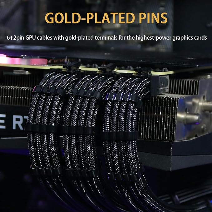 Sirlyr PSU Cable Extension Kit – 16AWG Power Supply Cables (1x 24Pin ATX / 2X 8Pin EPS / 3X 8Pin PCIE), 13in Gold-Plated GPU Extensions, Pre-Bent Design & Dual Cable Combs (Black Nylon Braided) - Image 4