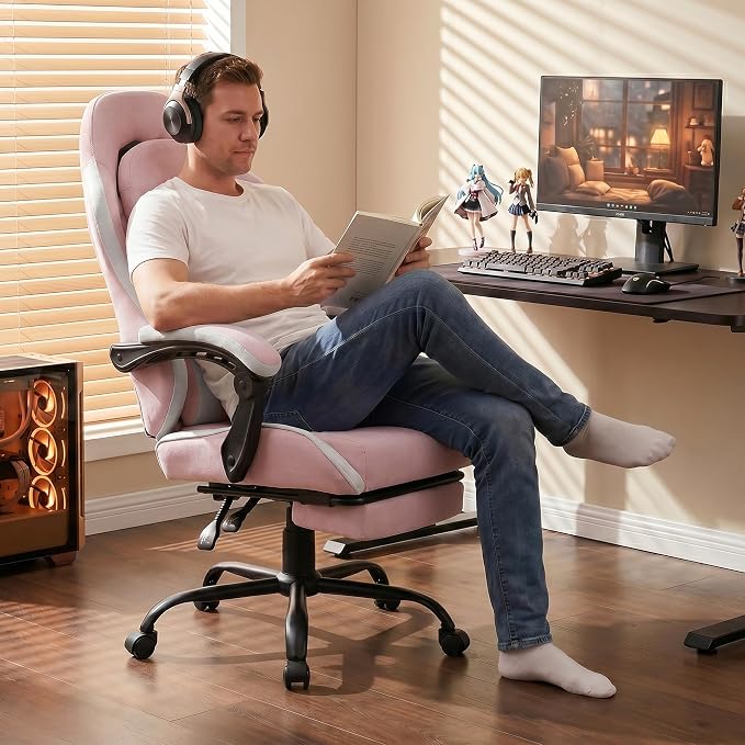 Shintenchi Gaming Chair, Ergonomic Office Chair with Footrest, Lumbar Support and Linkage Armrests, Swive Home Video Game Chairs for Adults, Pink - Image 7