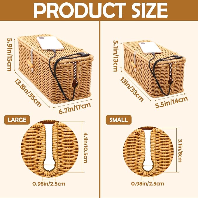 2PCS Cable Management Box, Handmade Rattan Cable Organizer Cord Basket - Image 2