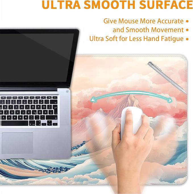 Japanese Sea Wave Desk Mat, XXL 35.4"x15.7" Large Mouse Pad, Pink Clouds Extended Gaming Mouse Mat,Non-Slip Rubber Base Waterproof with Stitched Edges for Gaming Office Home Decor - Image 5