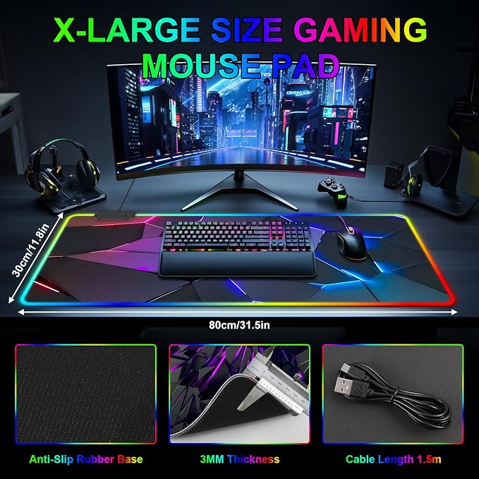 RGB Mouse Pad, Gaming Mousepad with 13 LED Light Modes | 31.5X11.8inch Large Mouse Mat, Gaming Mats for Desk with Non-Slip Rubber Base, Model-D - Image 5