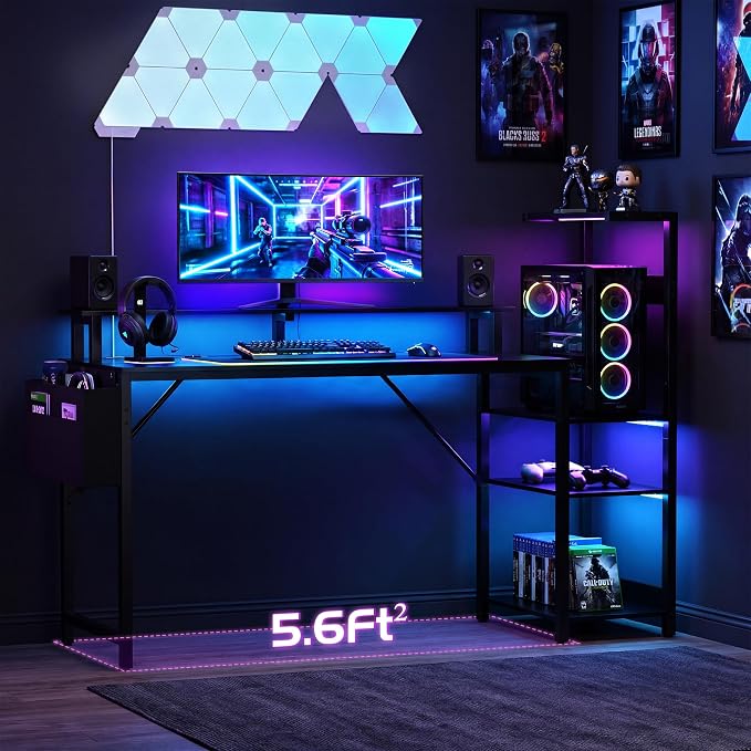 Gaming Desk 54 Inch Computer Table with Storage Shelves & Monitor Stand - Image 3