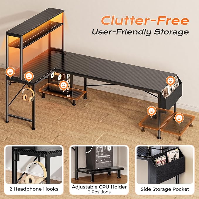 PRAISUN L Shaped Gaming Desk with LED Lights & Power Outlets | Reversible Computer Desk with Storage Shelves & Bag, Large Corner Home Office Desk for Work from Home, Carbon Fiber Black - Image 9