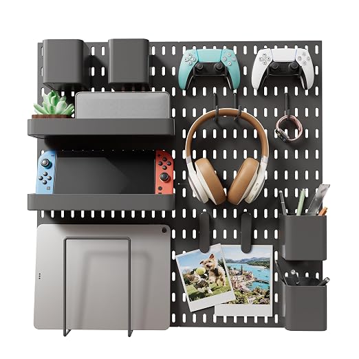 Wall Organizer Set 4 Pack 11"x11" No-Drill Peg Board Pannels with 16 Hooks & Bins Modular Pegboard Wall Organization for Gaming Room Home Office Craft Room and Kitchen, Black by Unknown