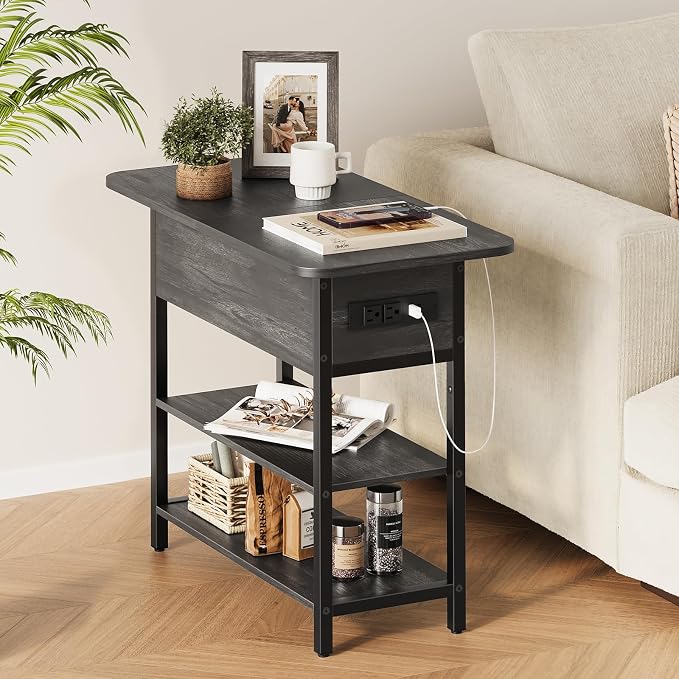 Yoobure End Table with Charging Station, Flip Top Side Table with USB Ports and Outlets, Sofa Couch Table Bedside Table for Living Room Bedroom, Narrow Nightstand with Storage Shelves for Small Space - Image 4