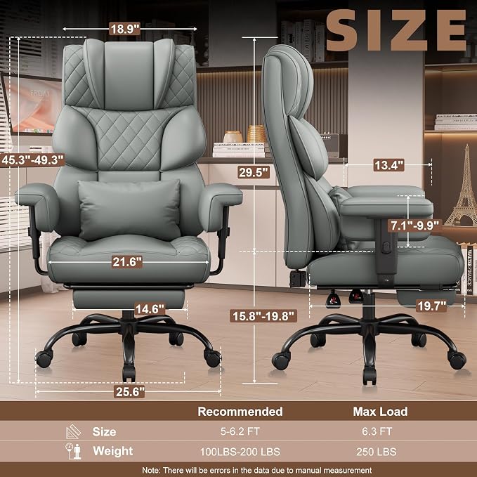 Vonesse Office Chair, Desk Chair with Soft Adjustable Armrests, Ergonomic High Back Gaming Chair with Lumbar Support, Executive Computer Chairs with Footrest (PU Leather, Gray) - Image 2